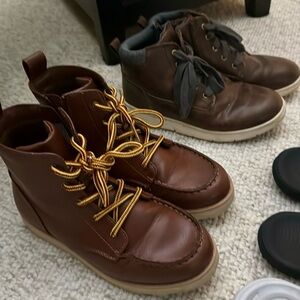 Two size 3 Cat & Jack Brown Kids Moc Toe Lace-Up Boots with Yellow Accent Laces